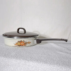 Vintage Enamelware Autumn Flowers Skillet Frying Pan  With Lid
